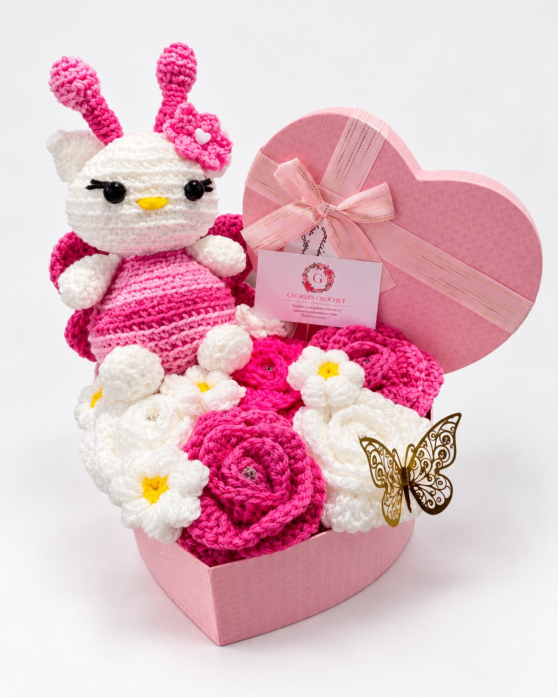 Pink kitty crochet bouquet in a heart-shaped box