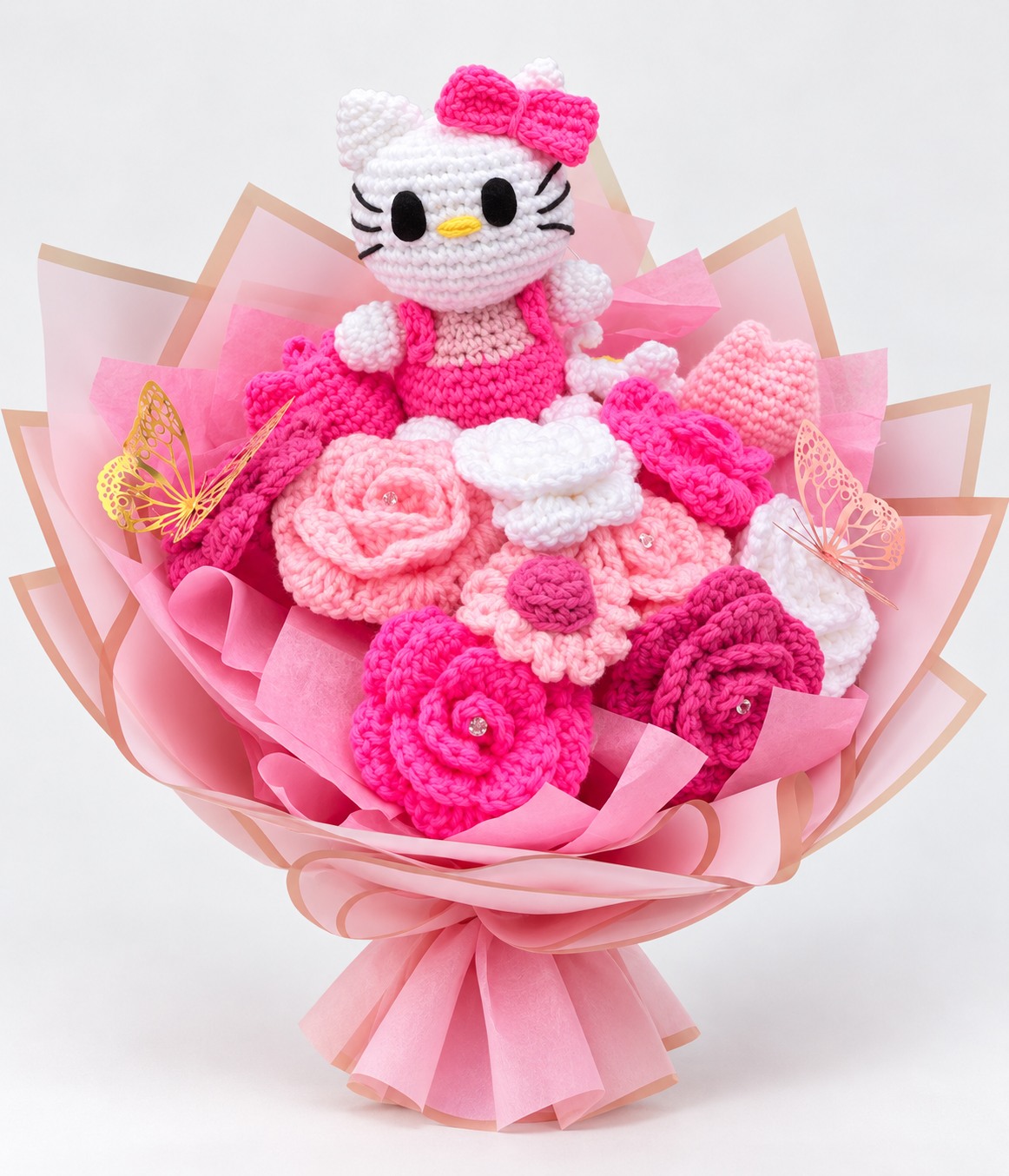 Pink kitty crochet bouquet