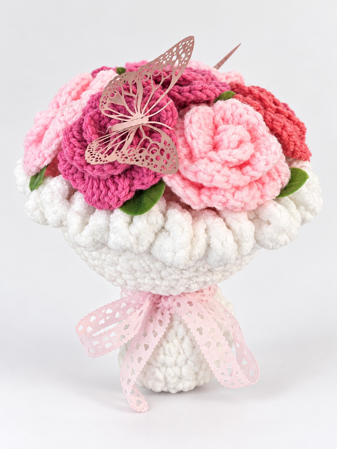 White and pink crochet flower bouquet with butterfly