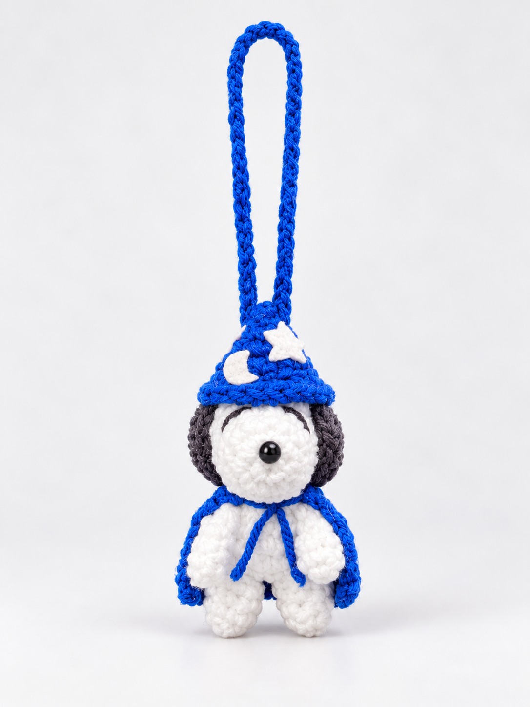 Blue wizard character crochet car mirror hanger
