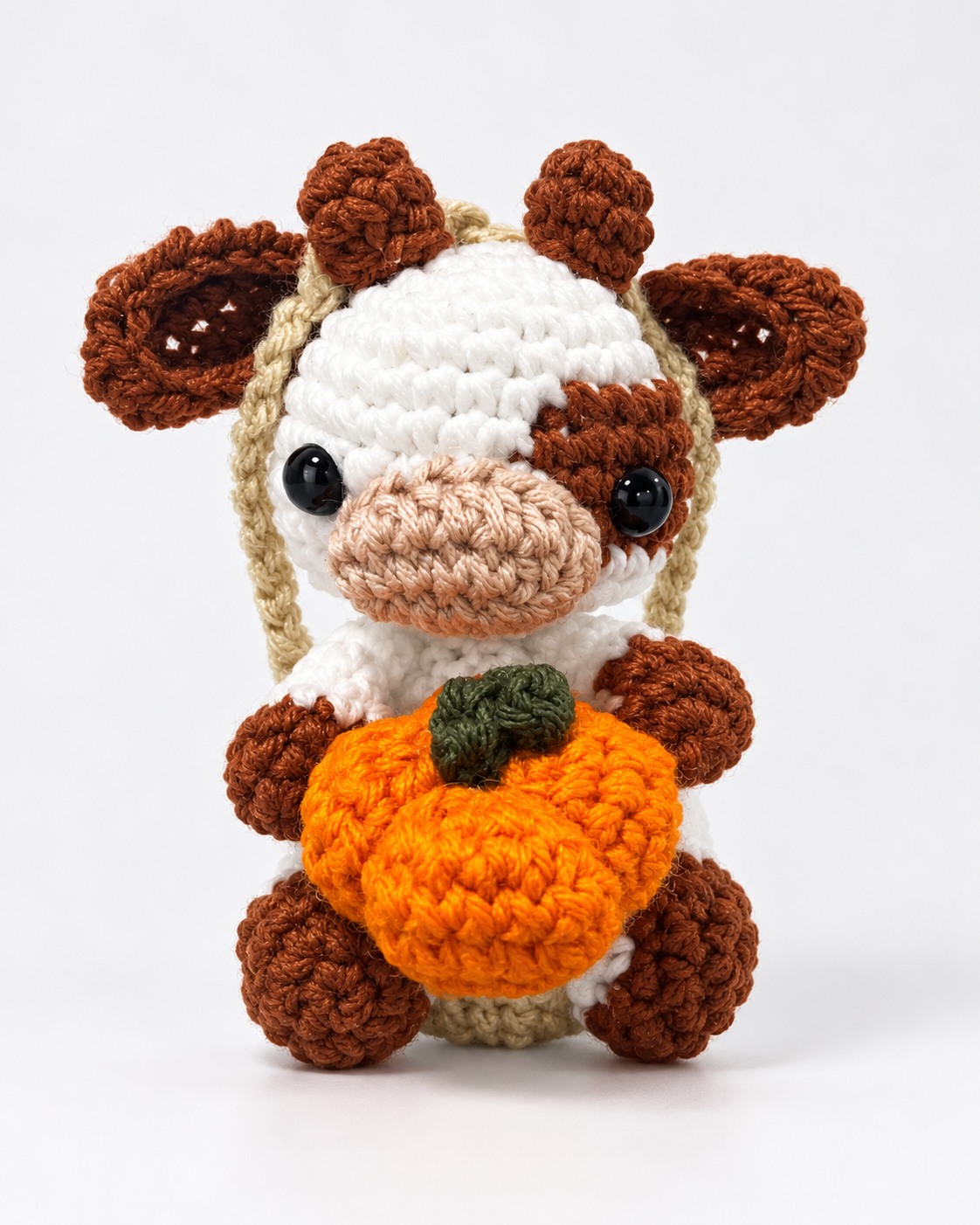 Cow crochet car mirror hanger holding a pumpkin