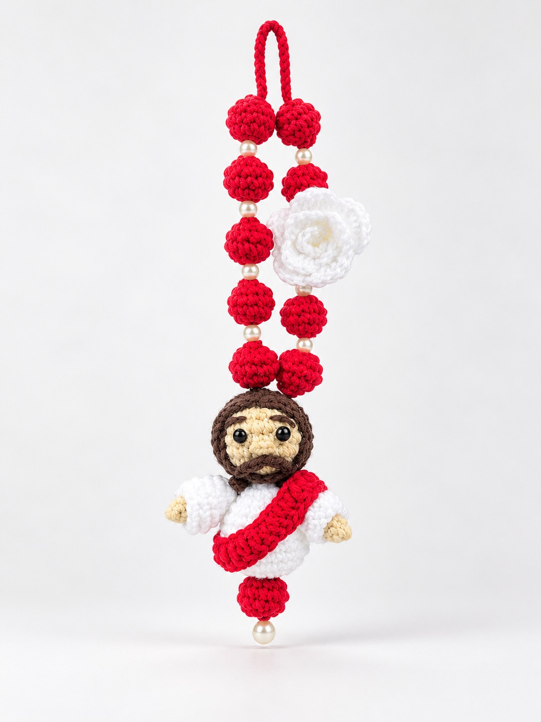 Jesus crochet rosary car mirror hanger
