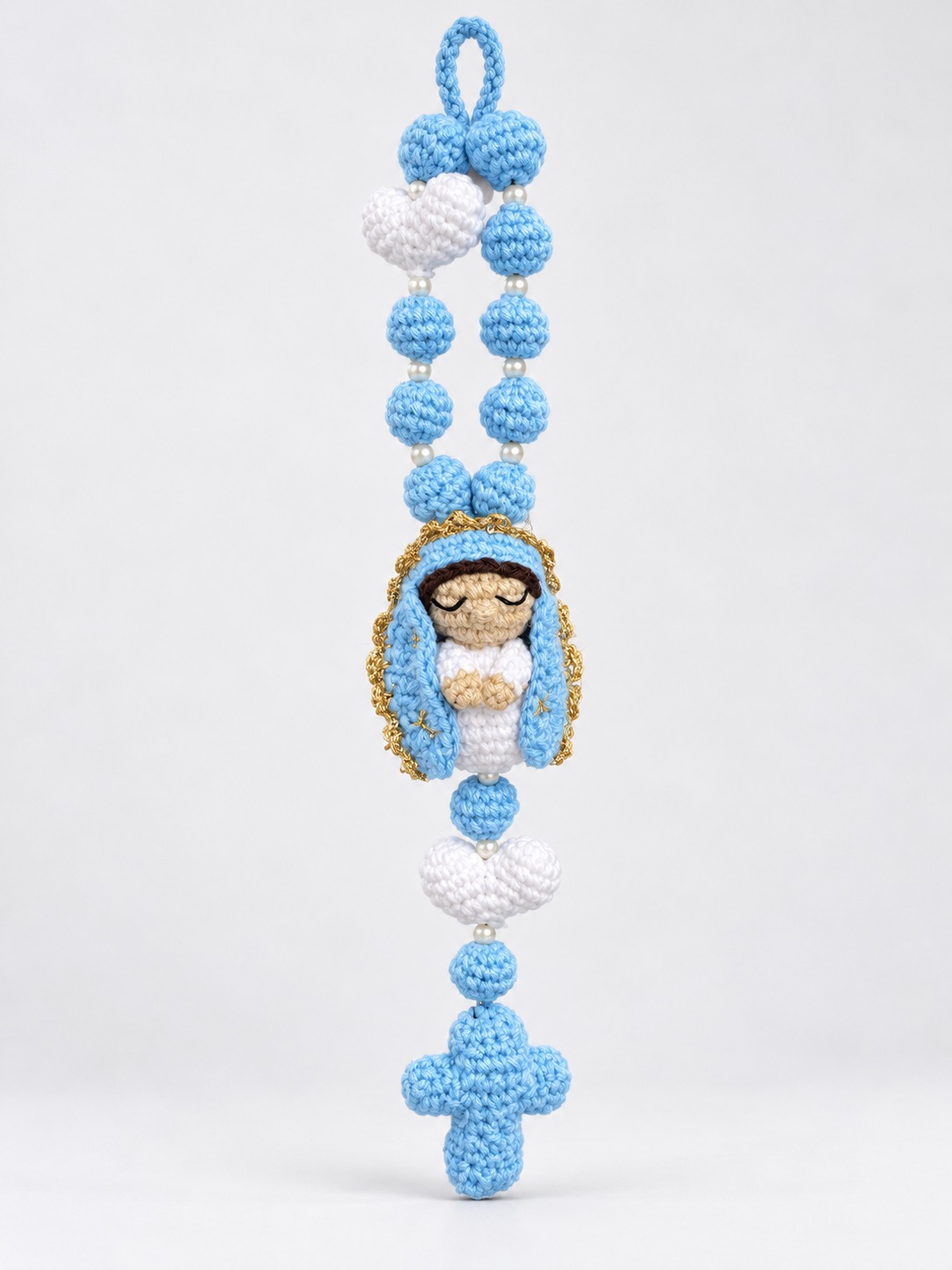 Virgin Mary crochet rosary car mirror hanger