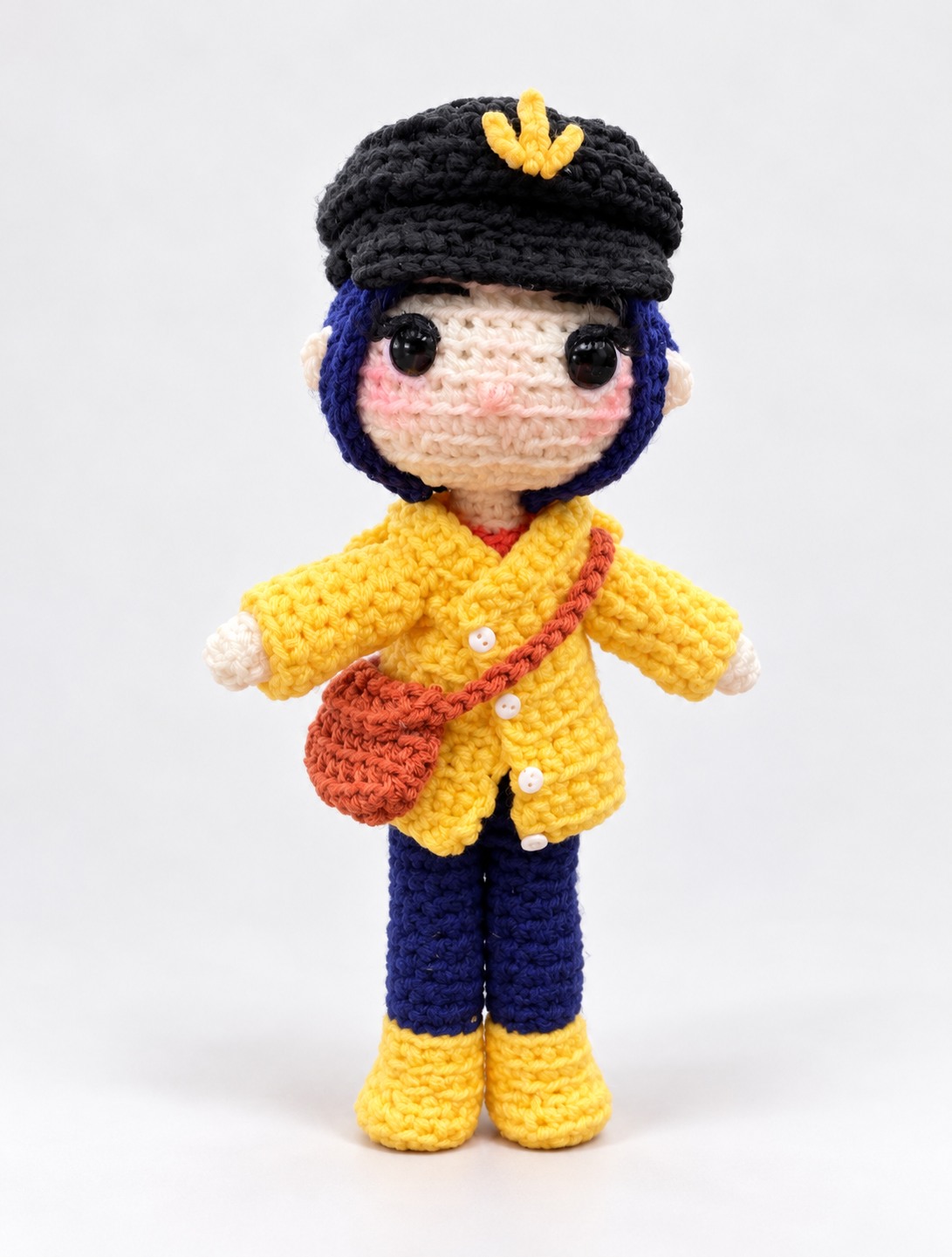 Dark blue-haired crochet character plushie in a yellow jacket