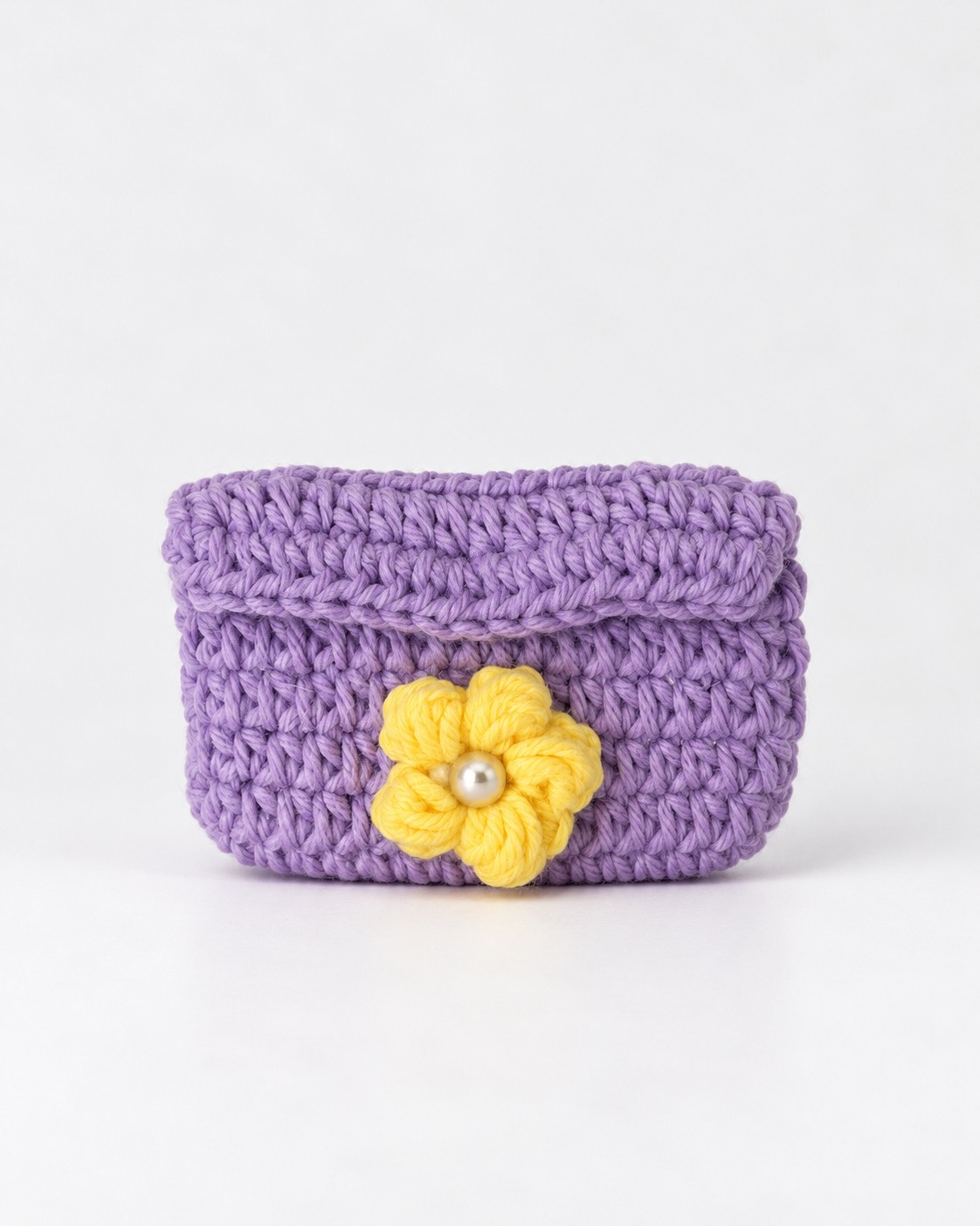 Extra Small lavender crochet bag with a yellow flower and pearl center
