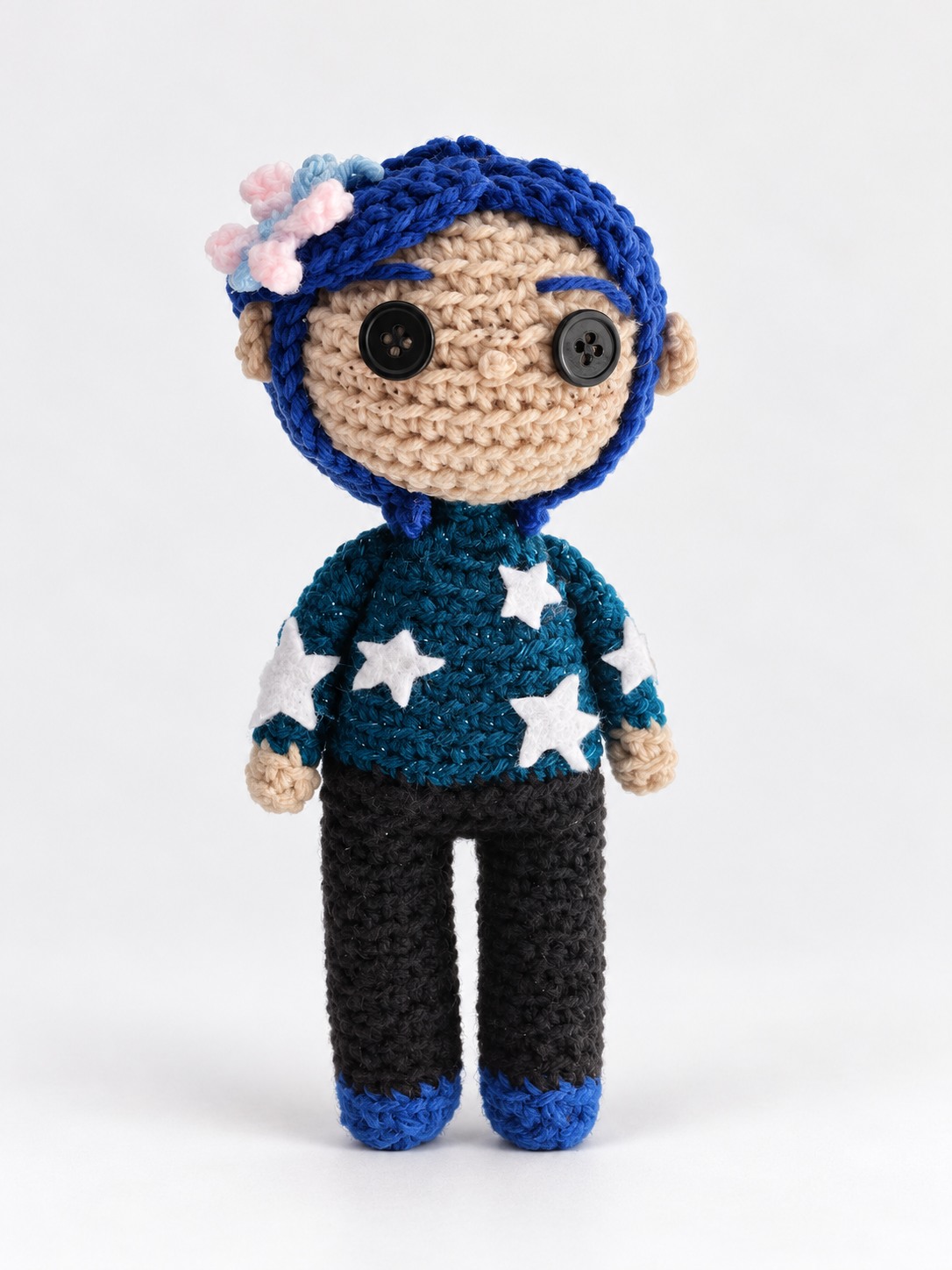 Blue-haired crochet character plushie with stars