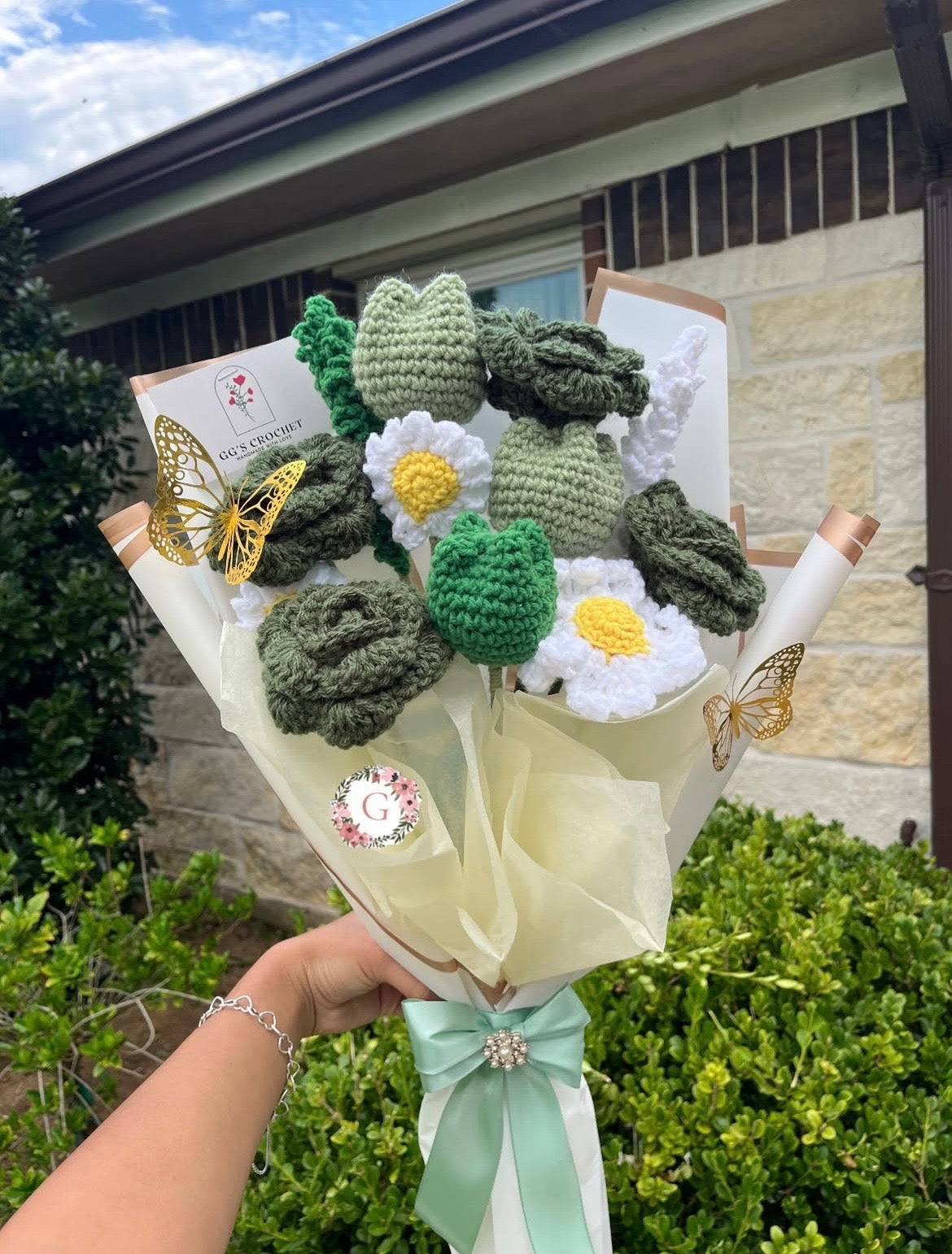 Handmade green and white crochet bouquet