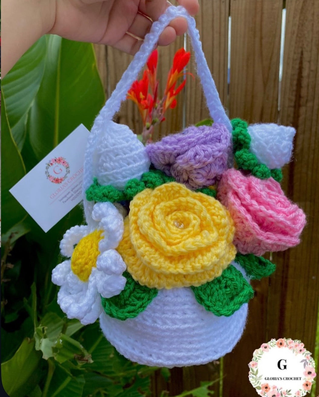 White Crochet Flower Basket