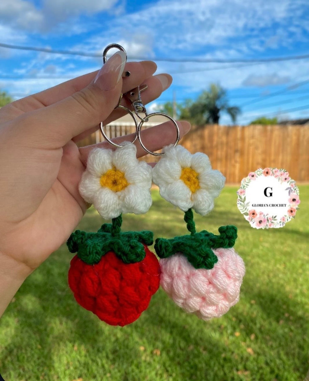 Handmade crochet strawberry and flower keychains