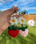 Handmade crochet strawberry and flower keychains