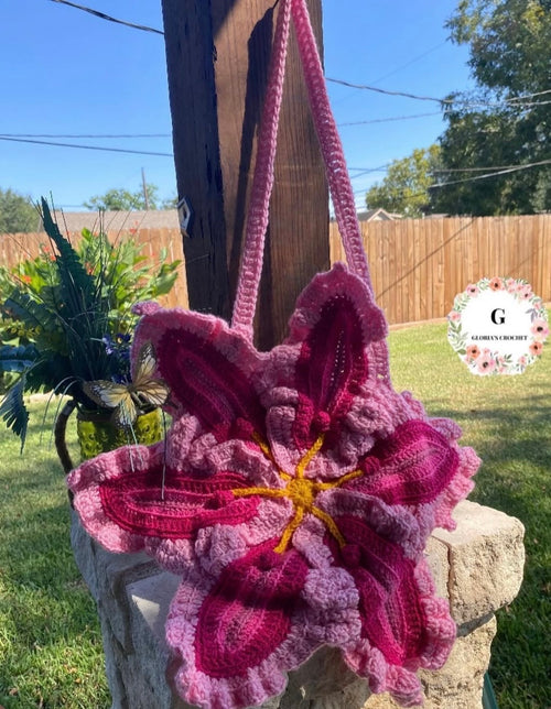 Pink handmade crochet flower bag by Gloria's Crochet