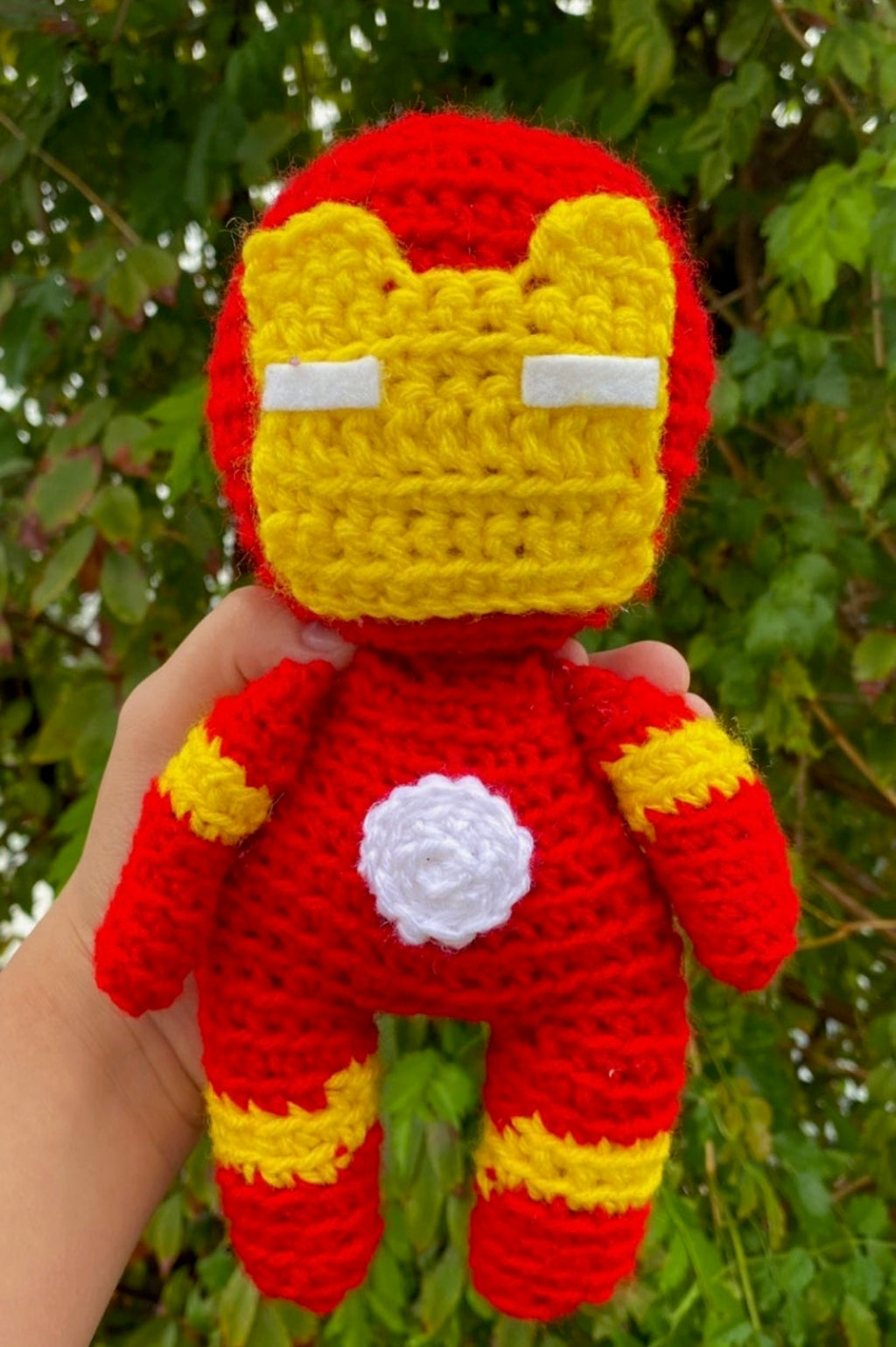 Red and gold armored hero crochet plushie